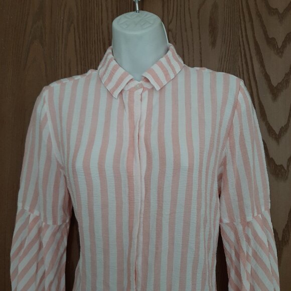 Chico's Pink White Stripe Lyocell Button Down Top Size 0 (4/6) Elastic Sleeves - Picture 2 of 6